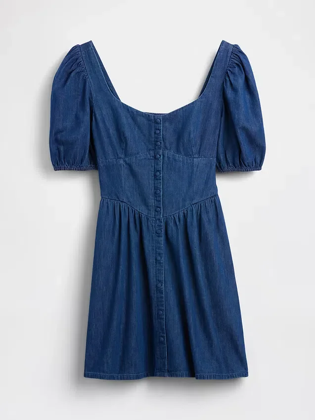 Denim Kabarık Kollu Sweetheart Mini Elbise