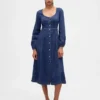 Denim Kalp Yaka Midi Elbise