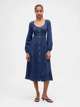 Denim Kalp Yaka Midi Elbise