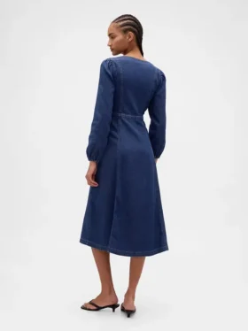 Denim Kalp Yaka Midi Elbise