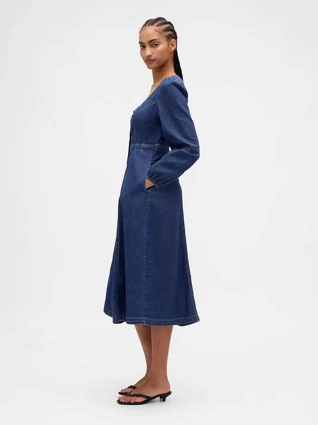 Denim Kalp Yaka Midi Elbise