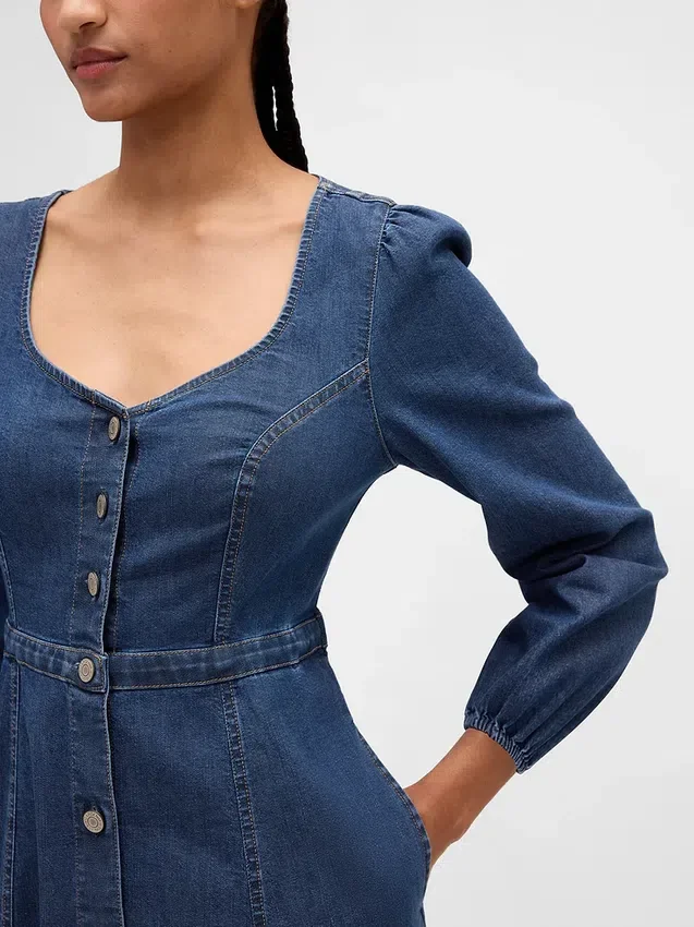 Denim Kalp Yaka Midi Elbise
