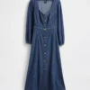 Denim Kalp Yaka Midi Elbise