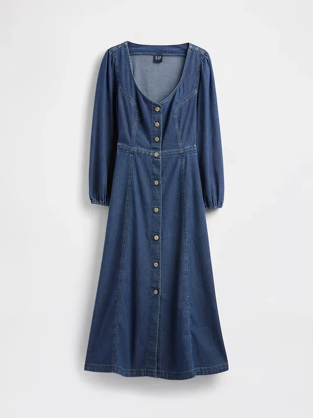 Denim Kalp Yaka Midi Elbise