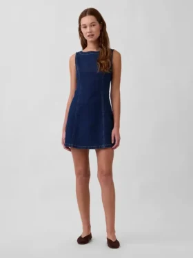 Denim Kayık Yaka Mini Elbise