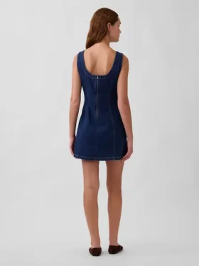 Denim Kayık Yaka Mini Elbise