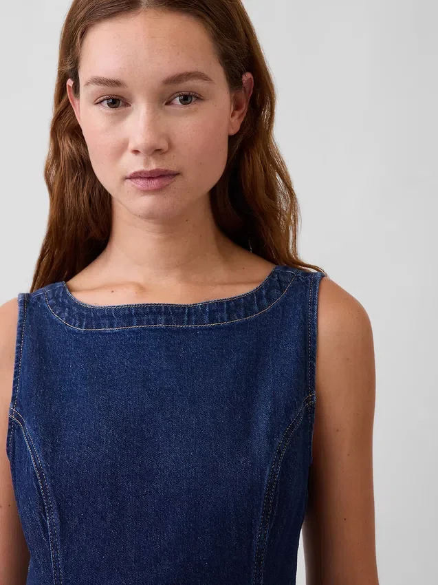 Denim Kayık Yaka Mini Elbise