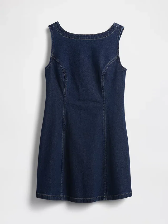 Denim Kayık Yaka Mini Elbise