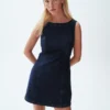 Denim Kayık Yaka Mini Elbise