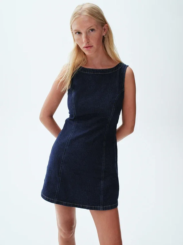 Denim Kayık Yaka Mini Elbise
