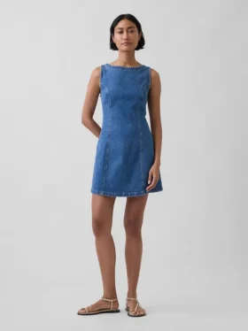 Denim Kayık Yaka Sırtı Açık Mini Elbise