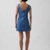 Denim Kayık Yaka Sırtı Açık Mini Elbise