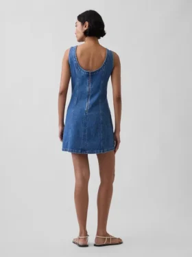 Denim Kayık Yaka Sırtı Açık Mini Elbise