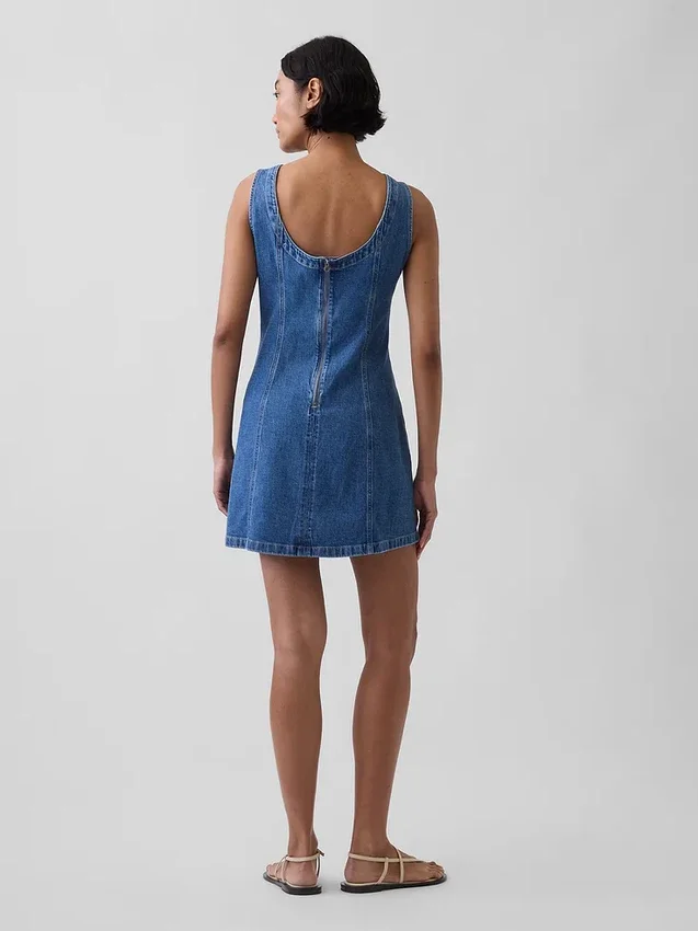 Denim Kayık Yaka Sırtı Açık Mini Elbise