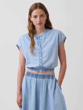 Denim Kısa Kollu, Önden Düğmeli Kısa Üst Giyim