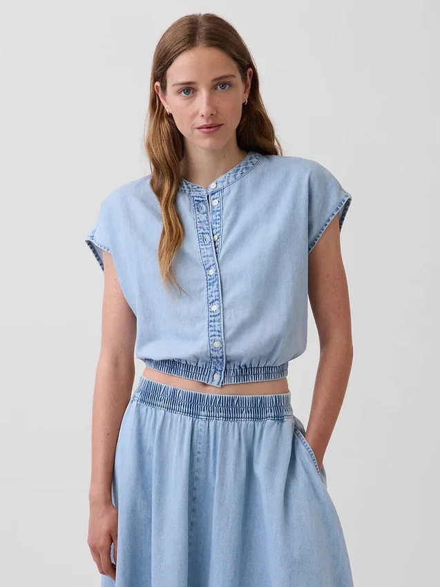 Denim Kısa Kollu, Önden Düğmeli Kısa Üst Giyim