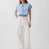 Denim Kısa Kollu, Önden Düğmeli Kısa Üst Giyim