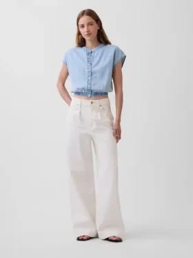 Denim Kısa Kollu, Önden Düğmeli Kısa Üst Giyim