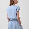 Denim Kısa Kollu, Önden Düğmeli Kısa Üst Giyim