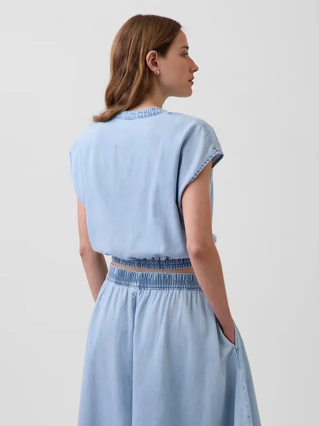 Denim Kısa Kollu, Önden Düğmeli Kısa Üst Giyim