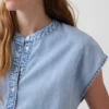 Denim Kısa Kollu, Önden Düğmeli Kısa Üst Giyim