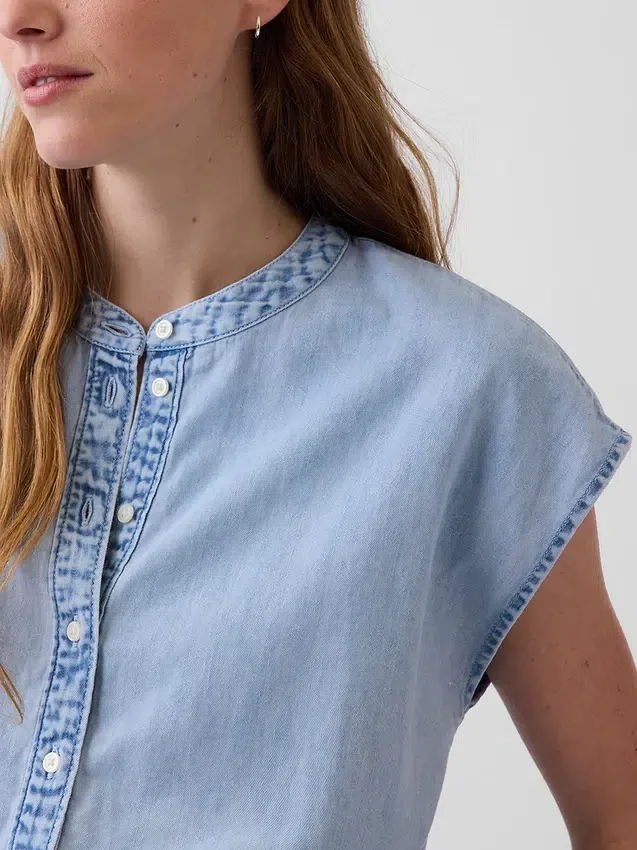 Denim Kısa Kollu, Önden Düğmeli Kısa Üst Giyim
