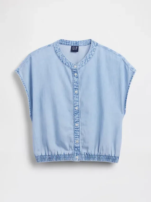 Denim Kısa Kollu, Önden Düğmeli Kısa Üst Giyim