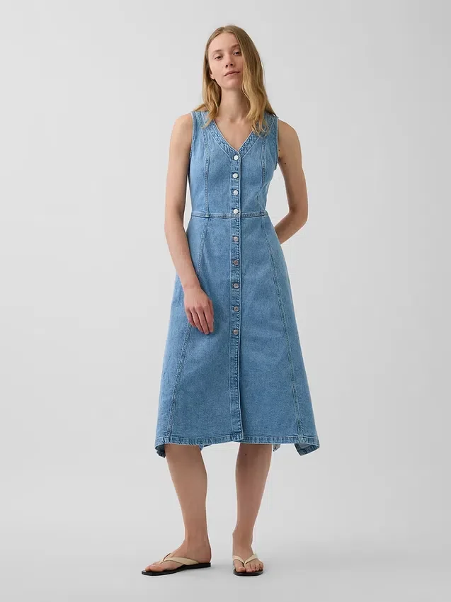 Denim Mendil Etekli Midi Elbise