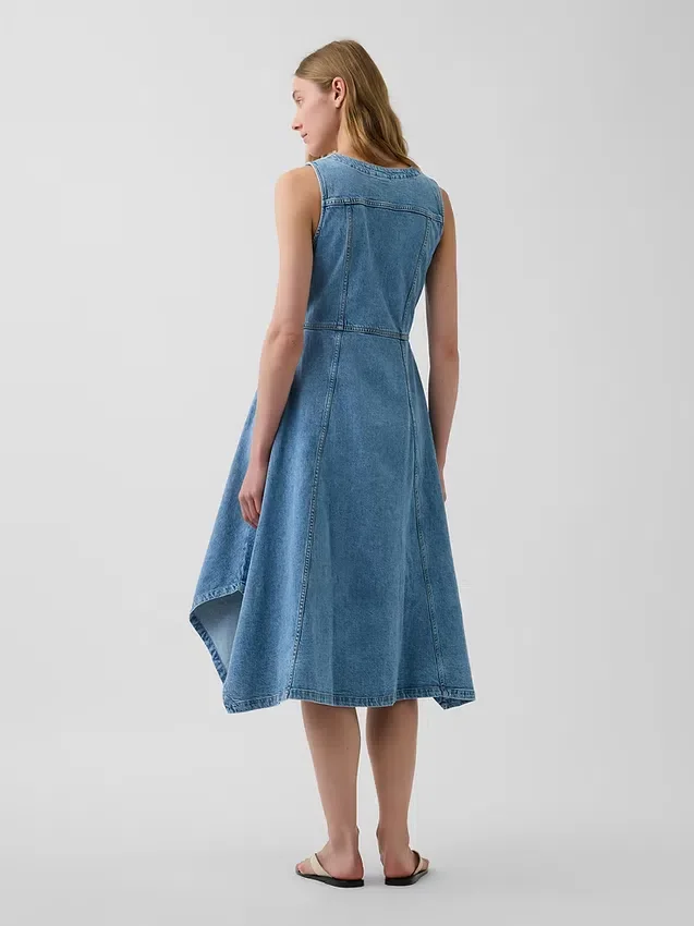 Denim Mendil Etekli Midi Elbise