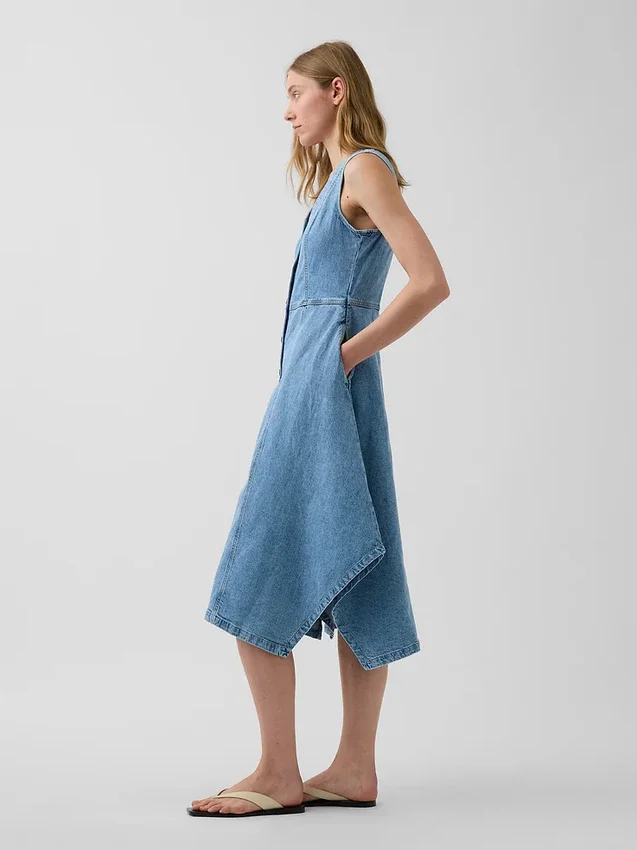 Denim Mendil Etekli Midi Elbise