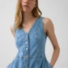 Denim Mendil Etekli Midi Elbise