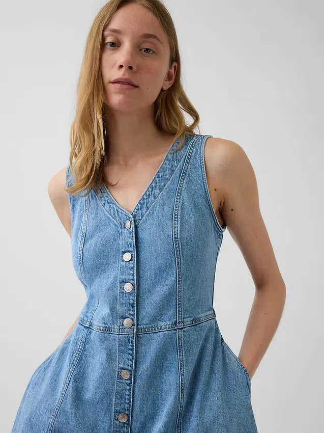 Denim Mendil Etekli Midi Elbise
