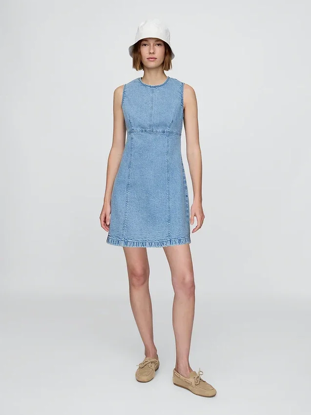 Denim Mini Düz Kesim Elbise