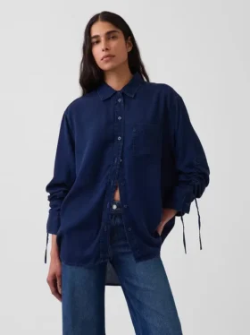 Denim Oversized Büzgülü Kollu Gömlek