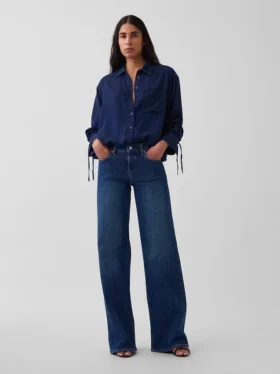 Denim Oversized Büzgülü Kollu Gömlek