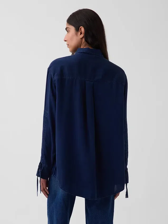 Denim Oversized Büzgülü Kollu Gömlek