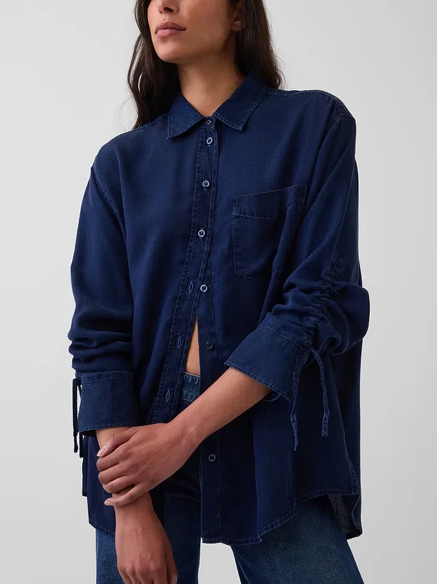 Denim Oversized Büzgülü Kollu Gömlek