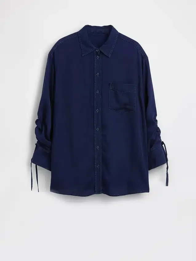 Denim Oversized Büzgülü Kollu Gömlek