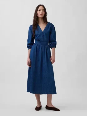 Denim Parçalı Bel Midi Elbise
