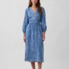 Denim Parçalı Bel Midi Elbise