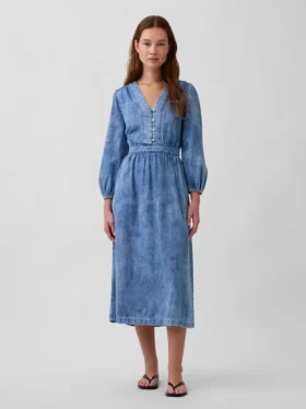 Denim Parçalı Bel Midi Elbise