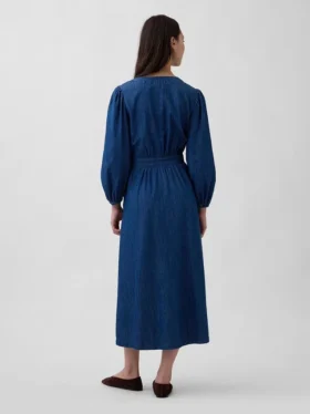 Denim Parçalı Bel Midi Elbise