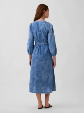 Denim Parçalı Bel Midi Elbise
