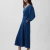 Denim Parçalı Bel Midi Elbise