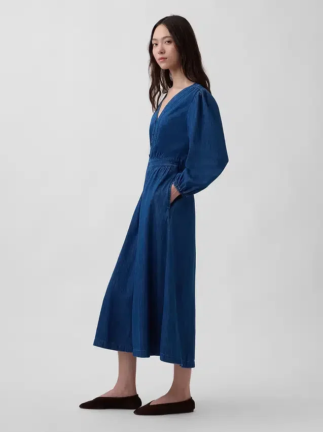 Denim Parçalı Bel Midi Elbise