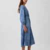 Denim Parçalı Bel Midi Elbise