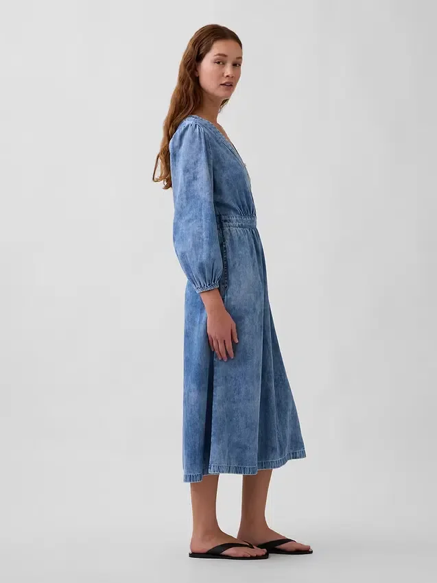 Denim Parçalı Bel Midi Elbise