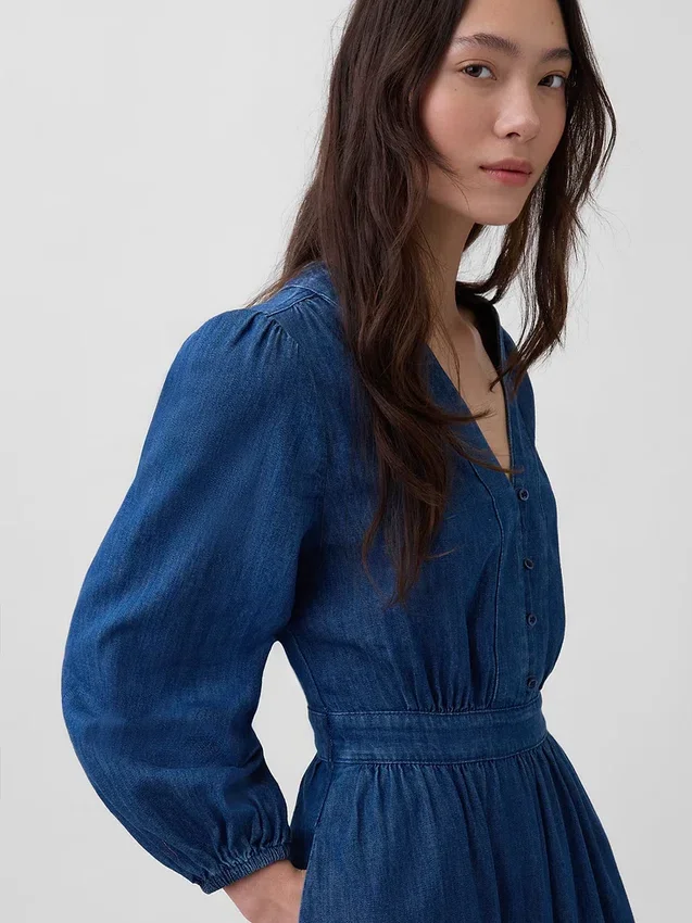 Denim Parçalı Bel Midi Elbise