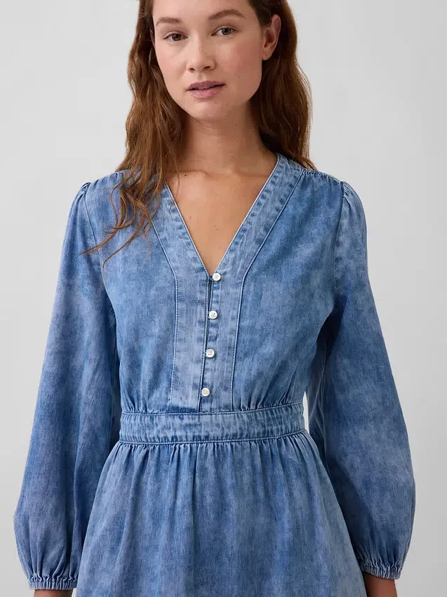 Denim Parçalı Bel Midi Elbise