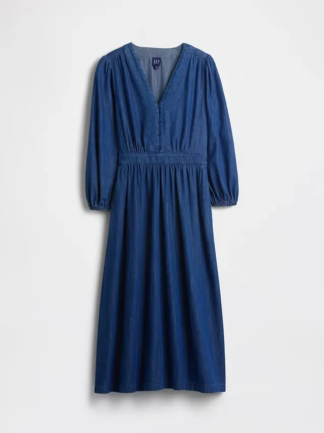 Denim Parçalı Bel Midi Elbise
